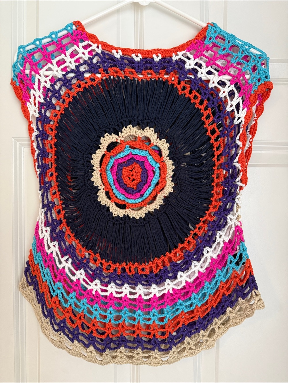 NWOT- Crochet Medallion Open-Weave Top in Navy, Pink & Teal